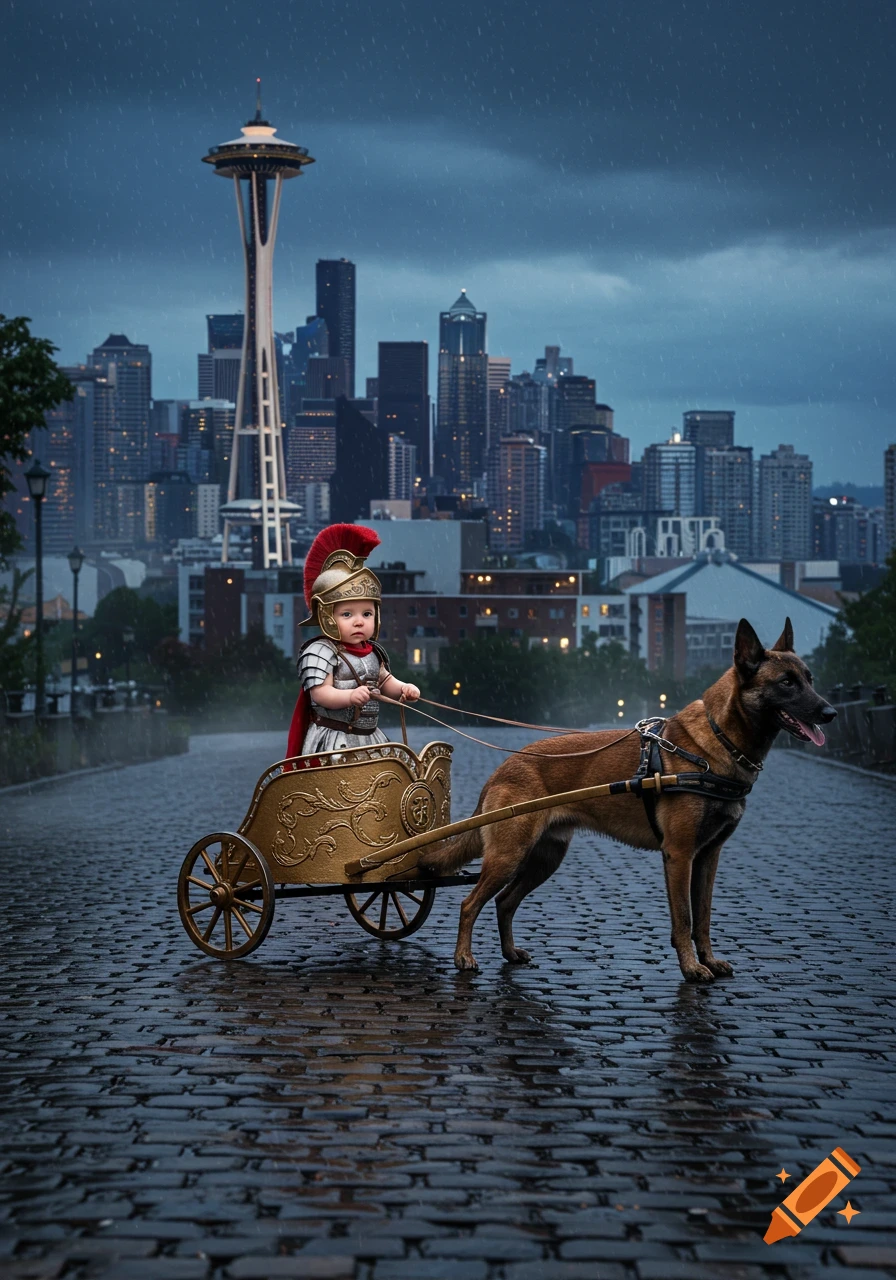 A baby dressed as a gladiator in a golden chariot pulled by a Dutch shepherd on a rainy cobblestone street with the Seattle skyline in the background, photorealistic.
