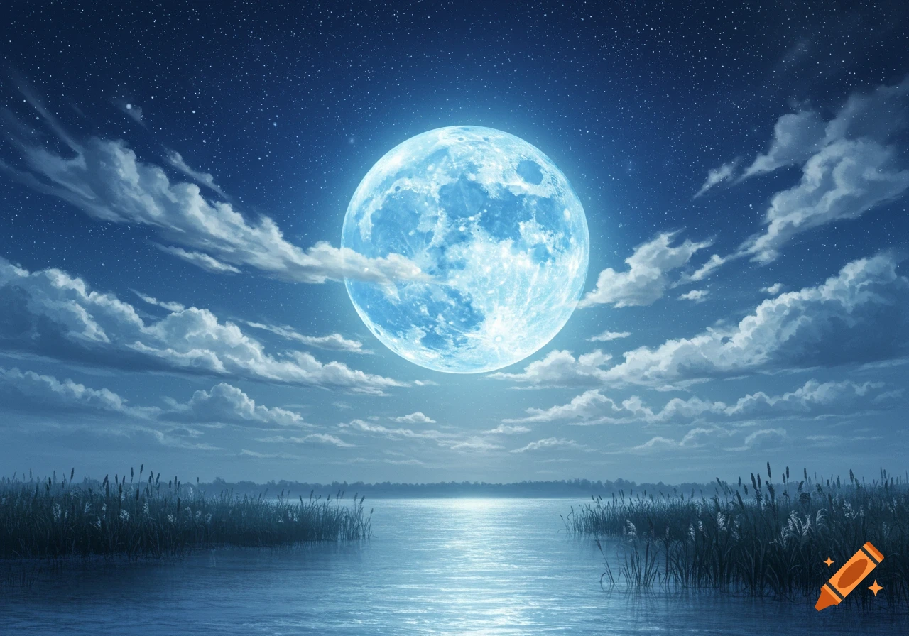 A large, glowing blue full moon illuminates a starry night sky above calm water and tall reeds.
