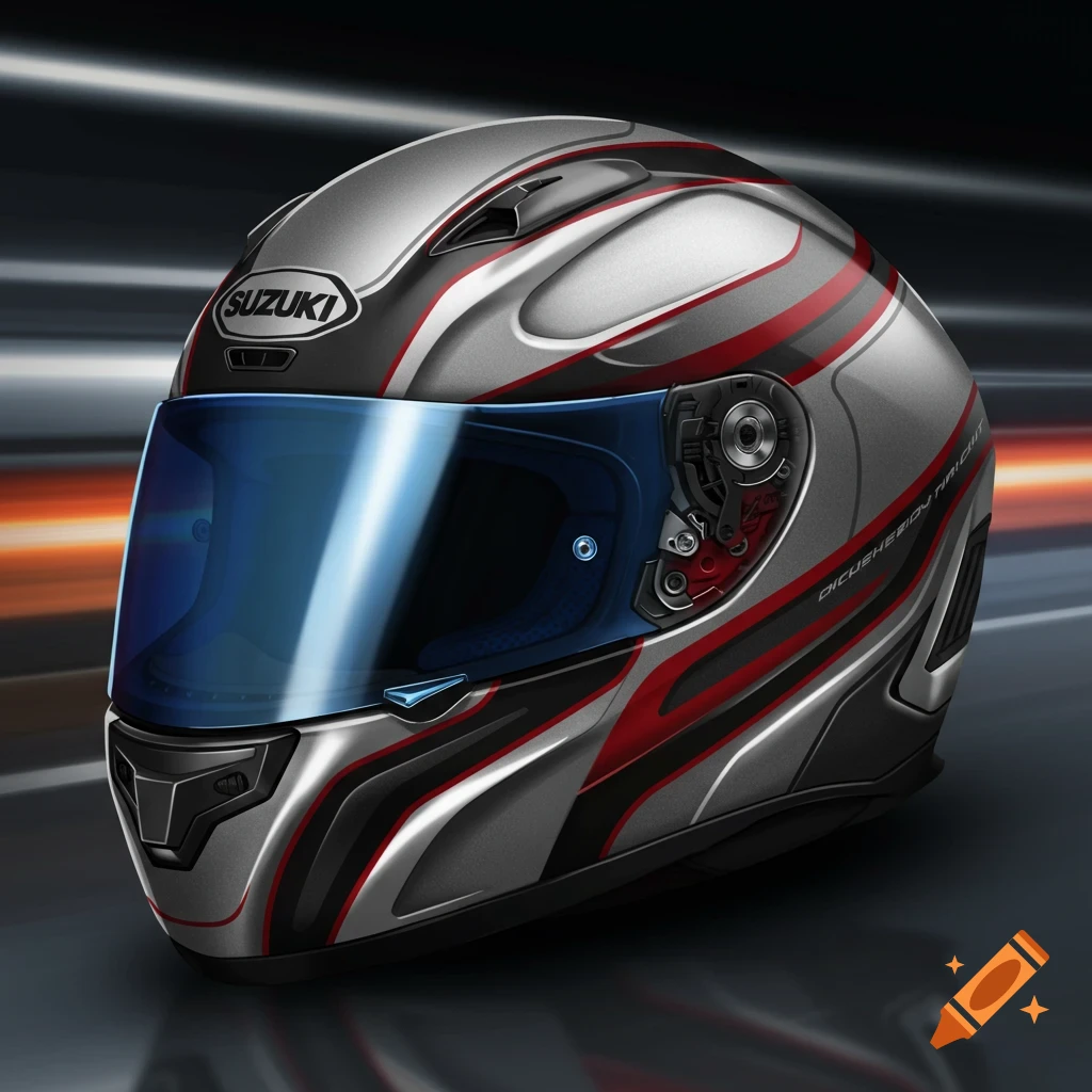 Silver and red motorcycle helmet with a blue visor and Suzuki logo, against a blurred background.