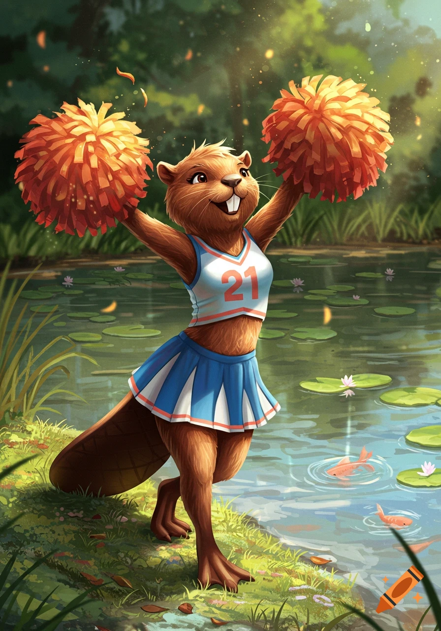 A cheerful cartoon beaver cheerleader with "21" on her shirt holds orange pom-poms high by a pond with lily pads and fish.