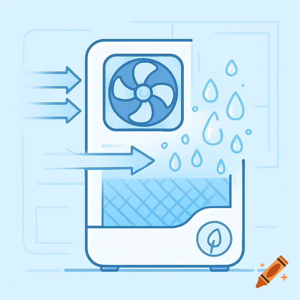 Blue and white infographic illustration of an air humidifier/dehumidifier, showing airflow, a fan, and water droplets.