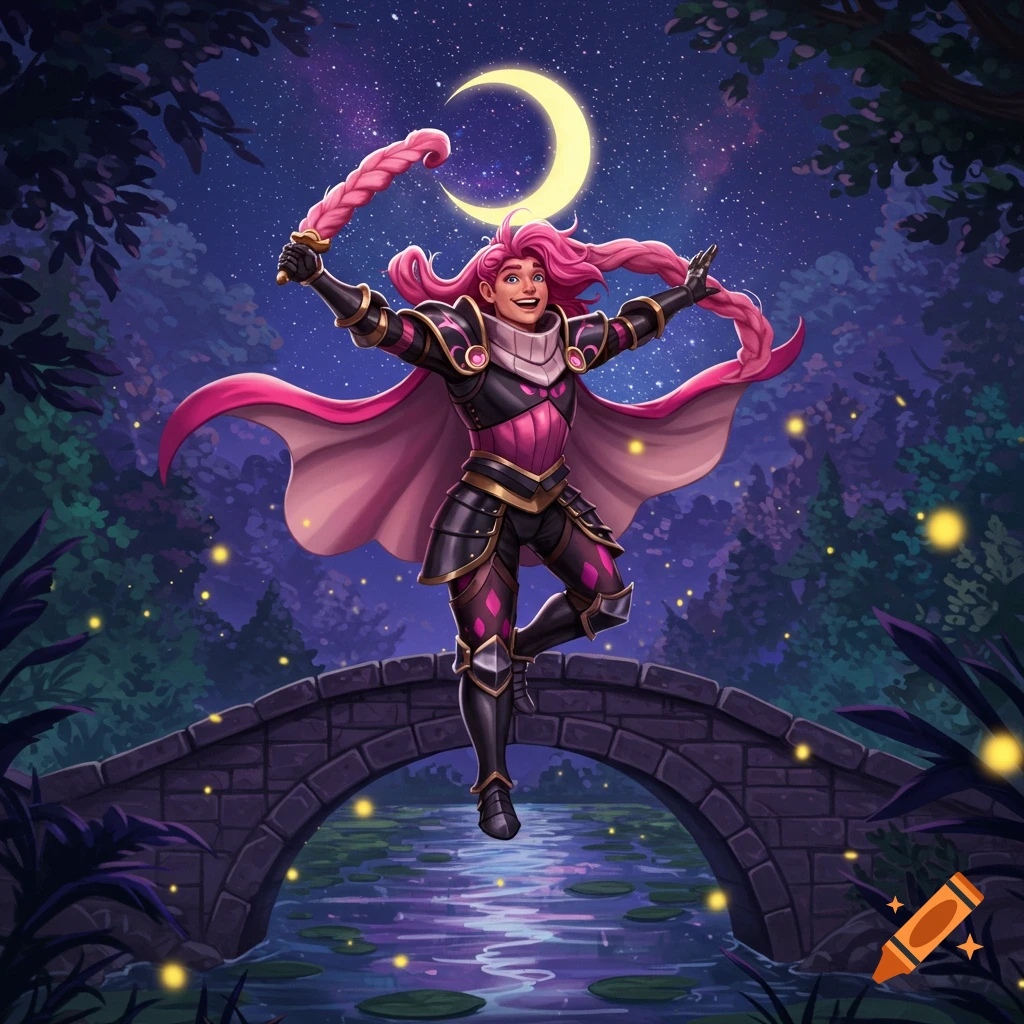 A pink-haired character in black and pink armor leaps on a stone bridge under a crescent moon, fireflies glowing in a mystical night forest.