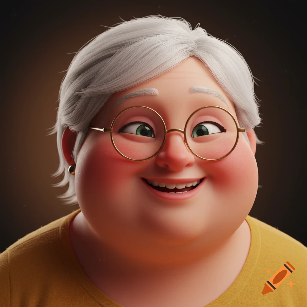Close-up 3D render of a happy, chubby, white-haired woman with round glasses, smiling in Pixar style.