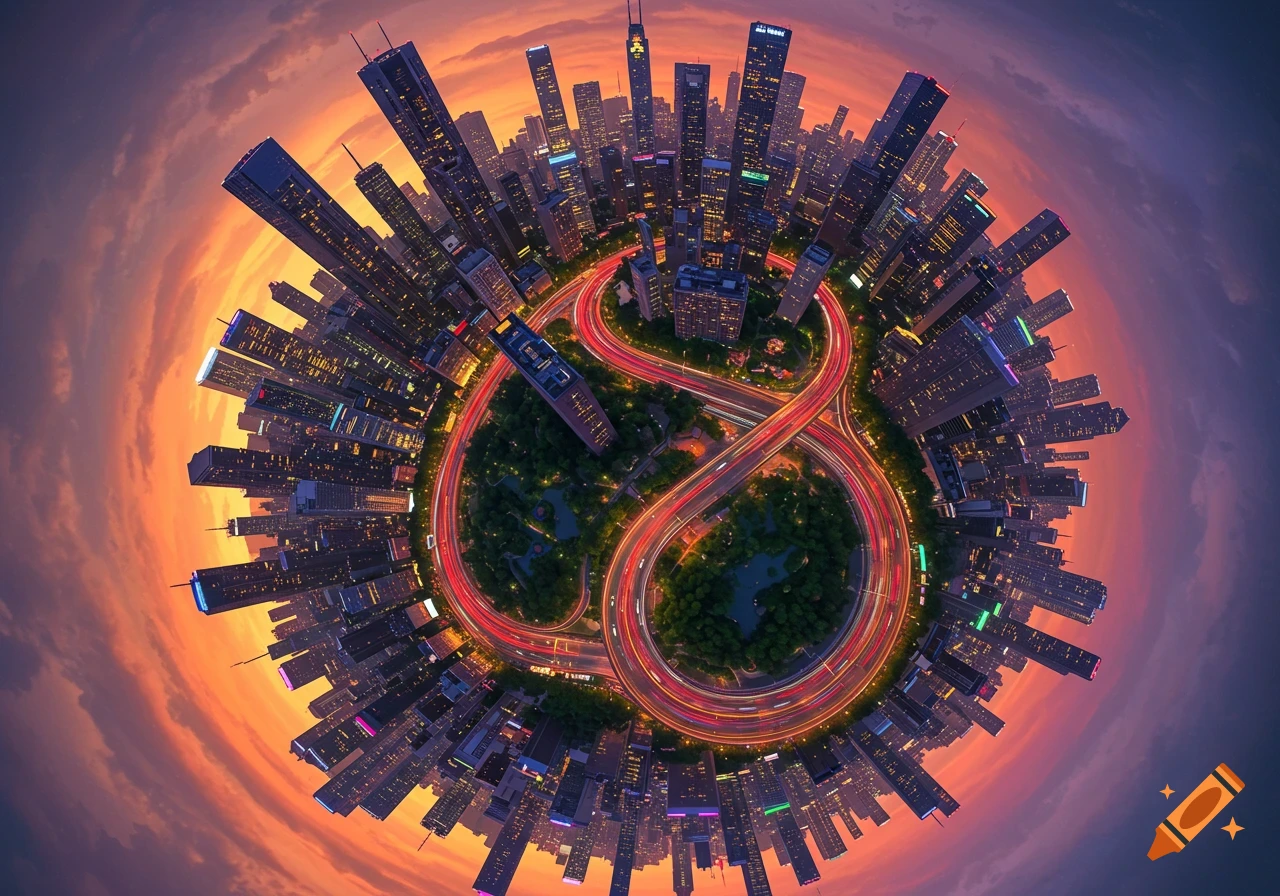 An aerial fisheye view of a sprawling illuminated city and highways at dusk, curved into a little planet sphere.
