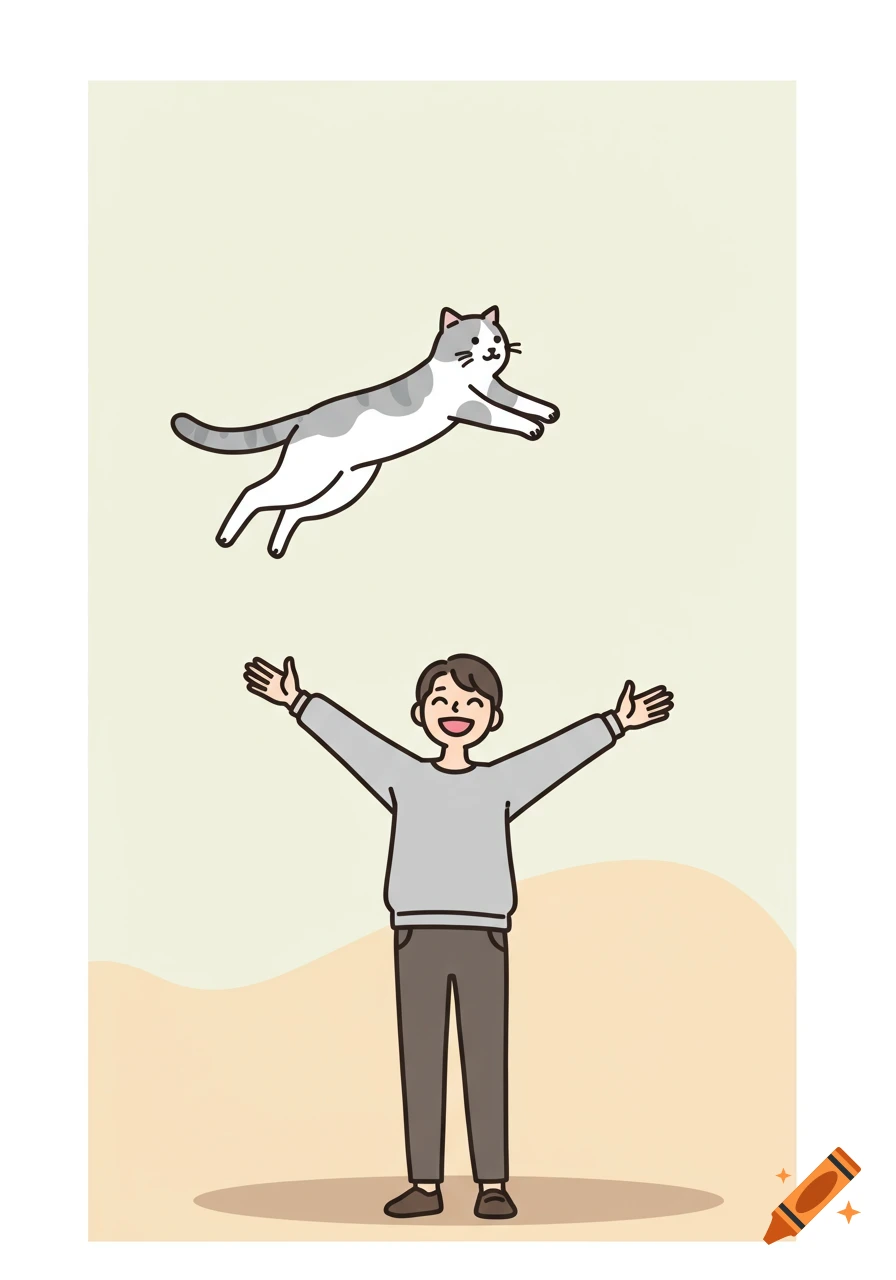 A smiling man with outstretched arms looks up at a leaping gray and white cat in a minimalist vector illustration.
