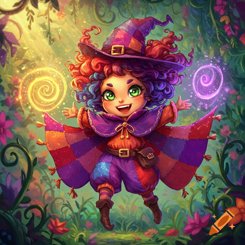 A whimsical, happy little witch with colorful curly hair, a patched hat, and cape, casting glowing yellow and purple spells in an enchanted forest.