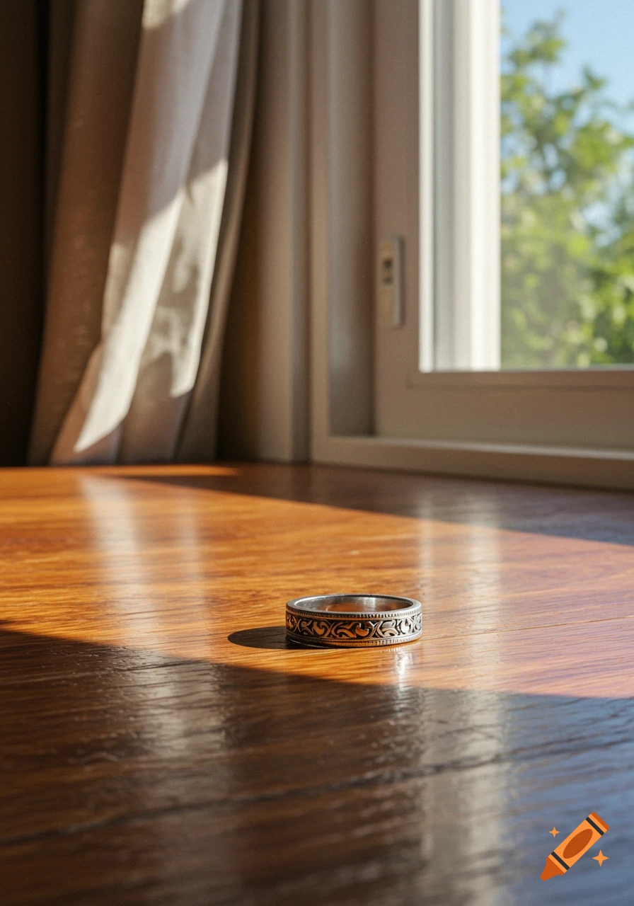 An ornate silver ring rests on a sunlit wooden table by a window, with curtains and green trees visible outside.