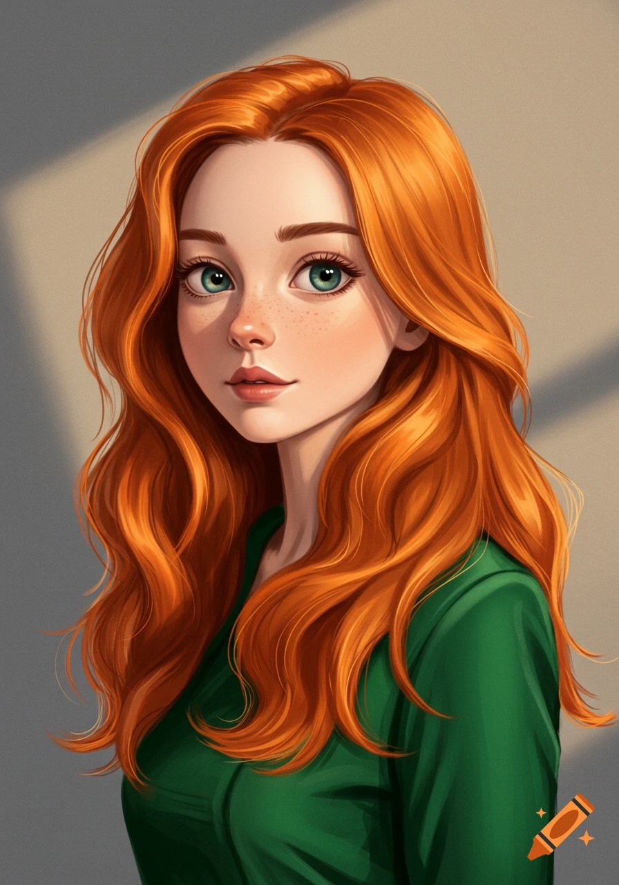 Stylized portrait of a young woman with long, wavy red hair, green eyes, and freckles, wearing a green shirt.