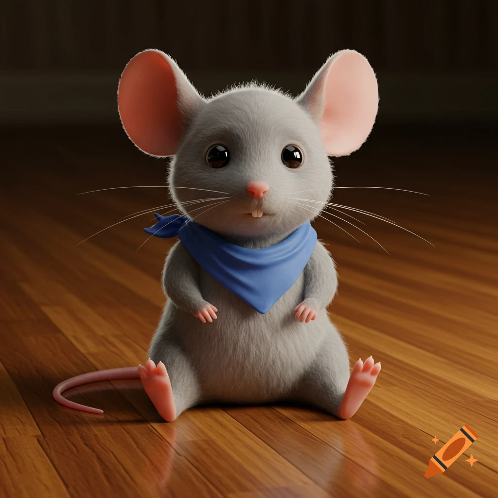 A realistic cartoon grey plush-like mouse wearing a blue bandana sits on a wooden floor.