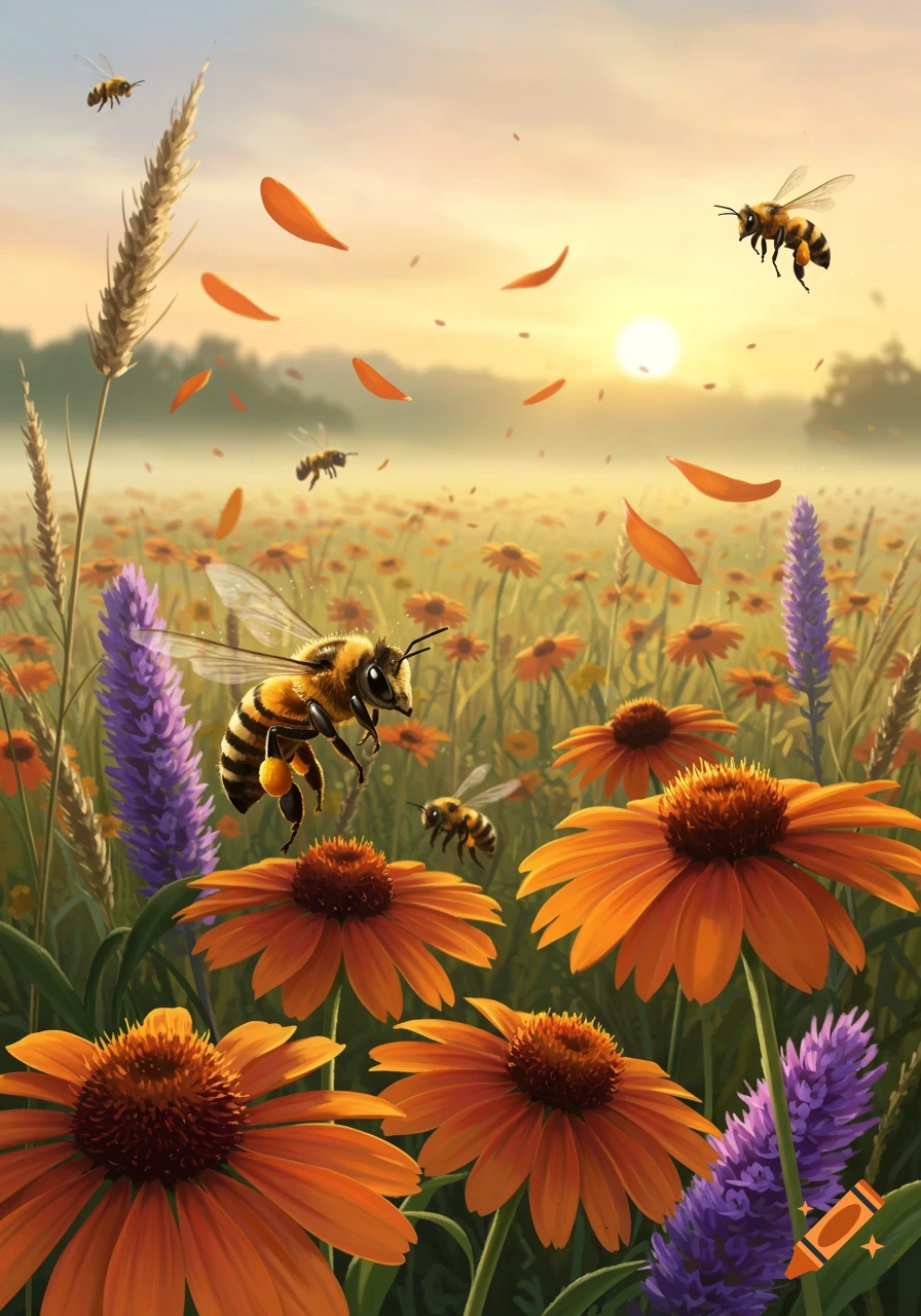 Several bees fly among orange and purple wildflowers in a sunlit field at sunrise or sunset, with petals falling.