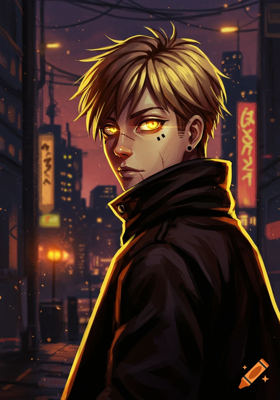An anime-style young man with blonde hair, glowing yellow eyes, and scars looks back over his shoulder in a neon-lit city.