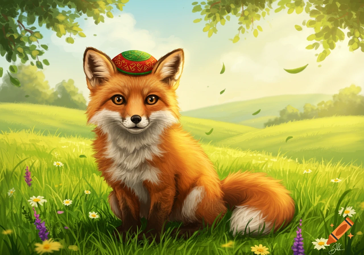 A cute, fluffy red fox wearing a traditional green and red patterned hat sits in a sunny green field with wildflowers.