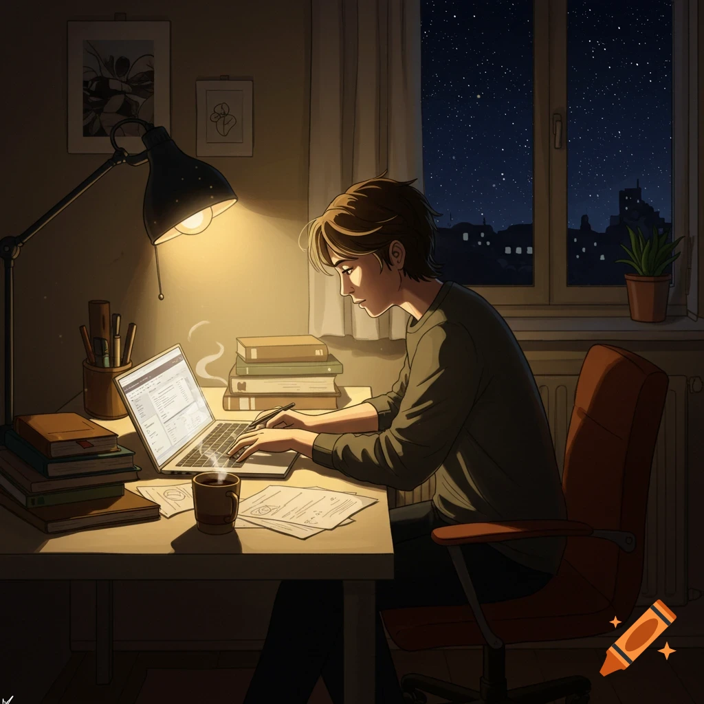 An illustrated young person works on a laptop at a desk with books under a warm lamp at night, city lights visible outside.