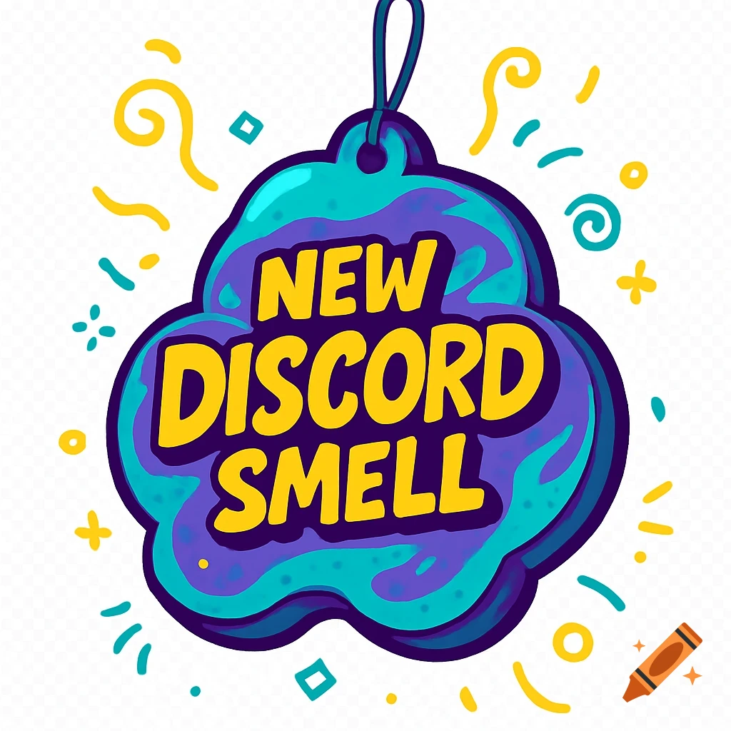 Animated blue and purple air freshener shaped like a cloud with yellow text 'NEW DISCORD SMELL', surrounded by colorful swirls.