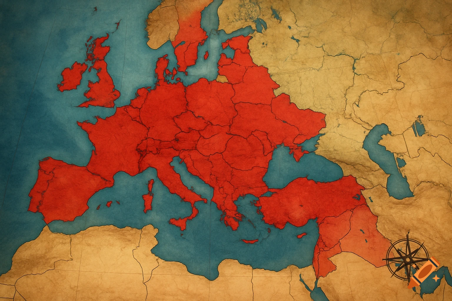 An old-world style map showing Europe, North Africa, and the Middle East with several countries highlighted in red.