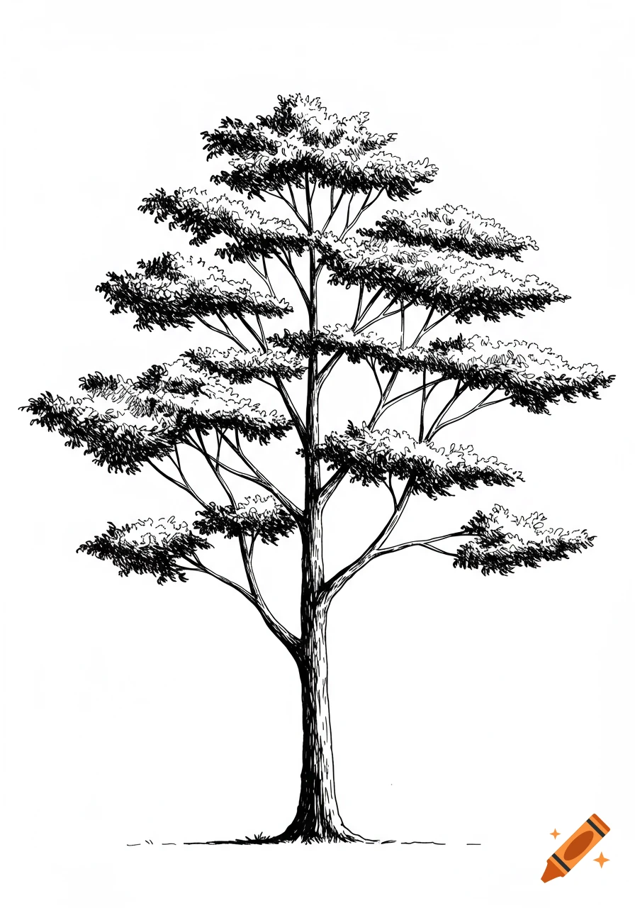 A detailed black and white line drawing of a tree with many branches and leaves.