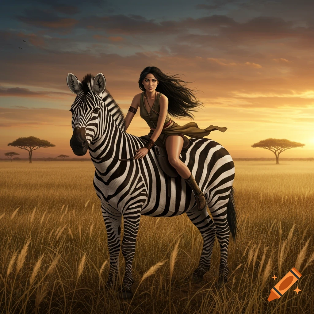 A woman with long dark hair rides a zebra across a golden savanna at sunset, with acacia trees in the background.