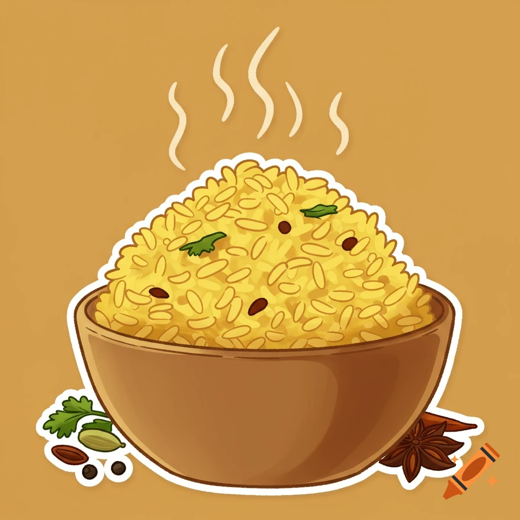 Cartoon sticker of a steaming bowl of yellow rice with herbs and spices like star anise and cardamom.