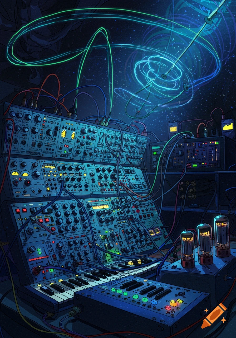 A detailed, stylized image of modular synthesizers, keyboards, and vacuum tubes with glowing blue and green cables.