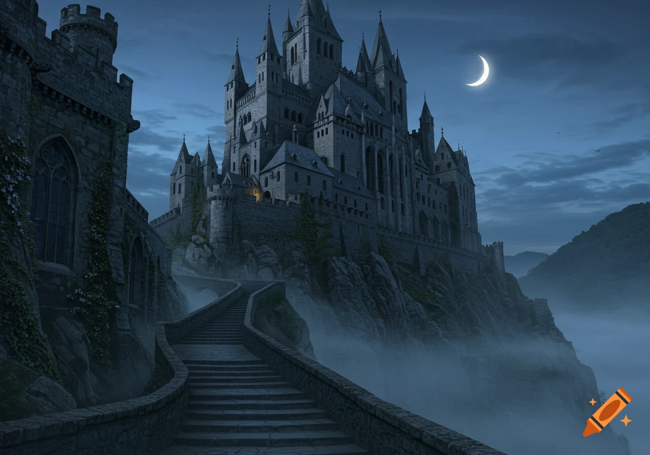 A majestic gray castle on a misty cliff at night, with a crescent moon above. A winding stone staircase ascends towards the castle.