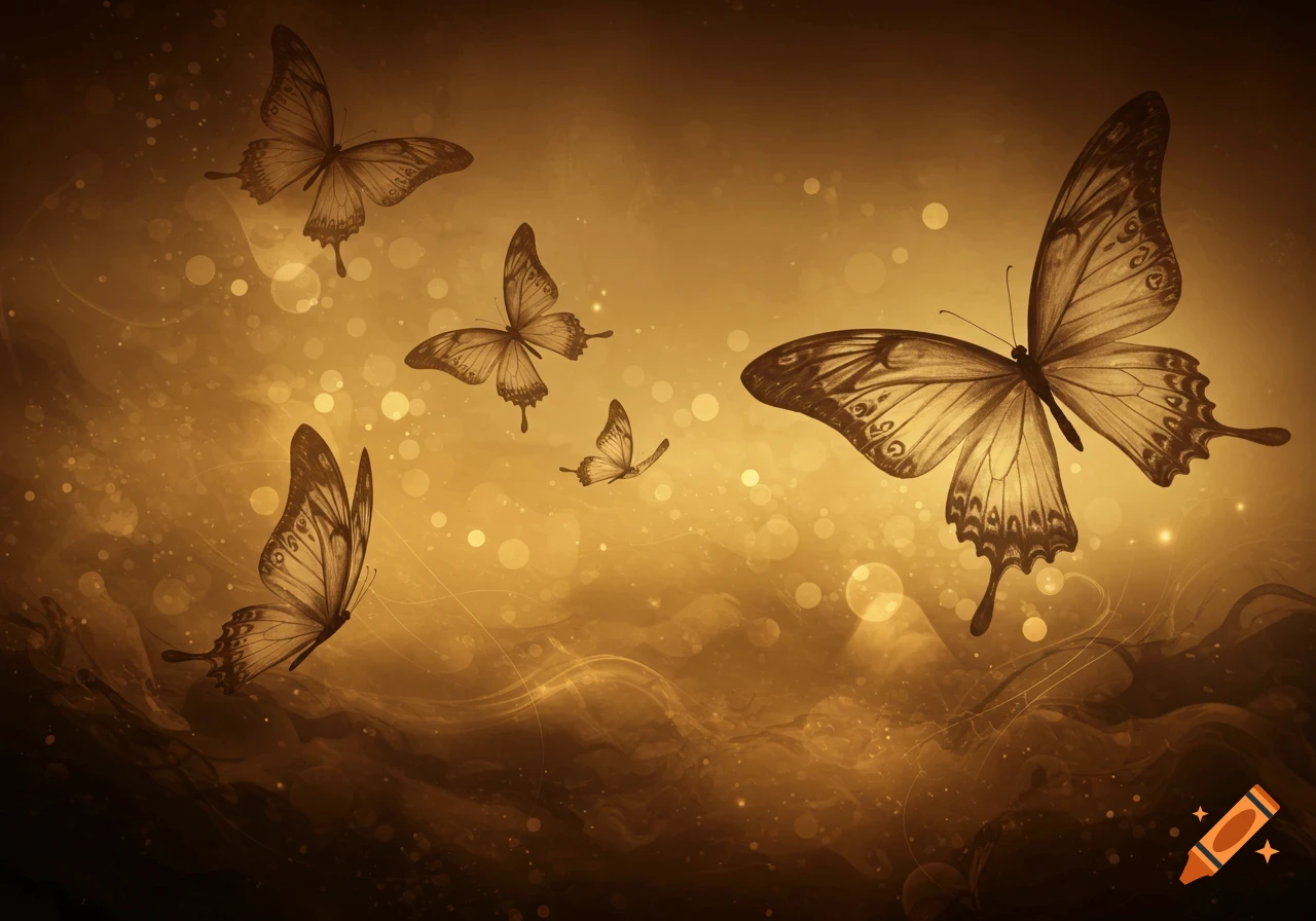Several brown and yellow butterflies fly against an abstract, glowing dreamlike background with bokeh effects.