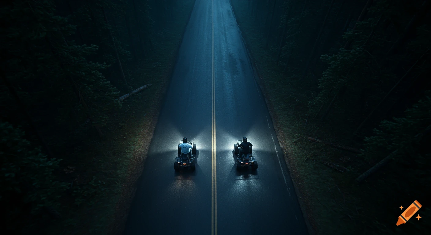 Two people on ATVs race side-by-side on a wet, dark forest road at night, viewed from directly above.