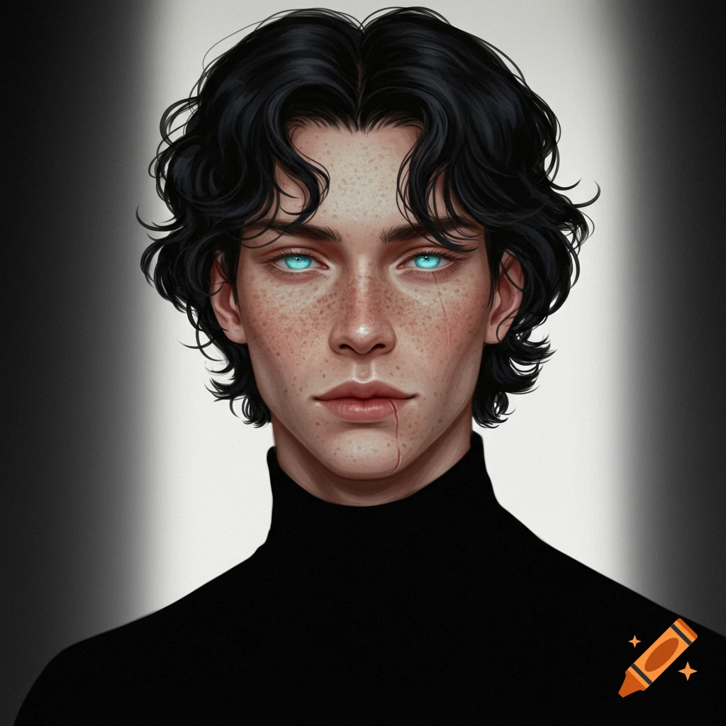 Stylized illustration of a pale man with wavy black hair, bright blue eyes, freckles, and a lip scar, wearing a black turtleneck.