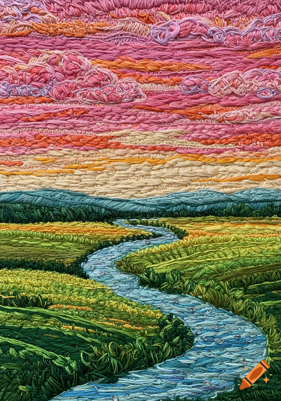 A vibrant landscape made of yarn, featuring a winding blue river through green and yellow fields, under a pink and orange sunset sky.