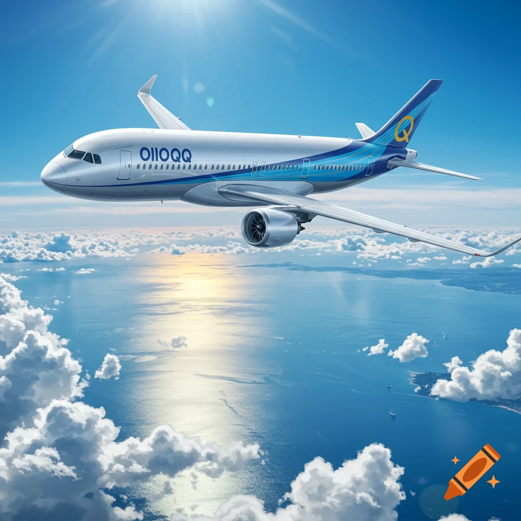 A white and blue passenger airplane flies over a sparkling ocean with clouds below under a bright sun.