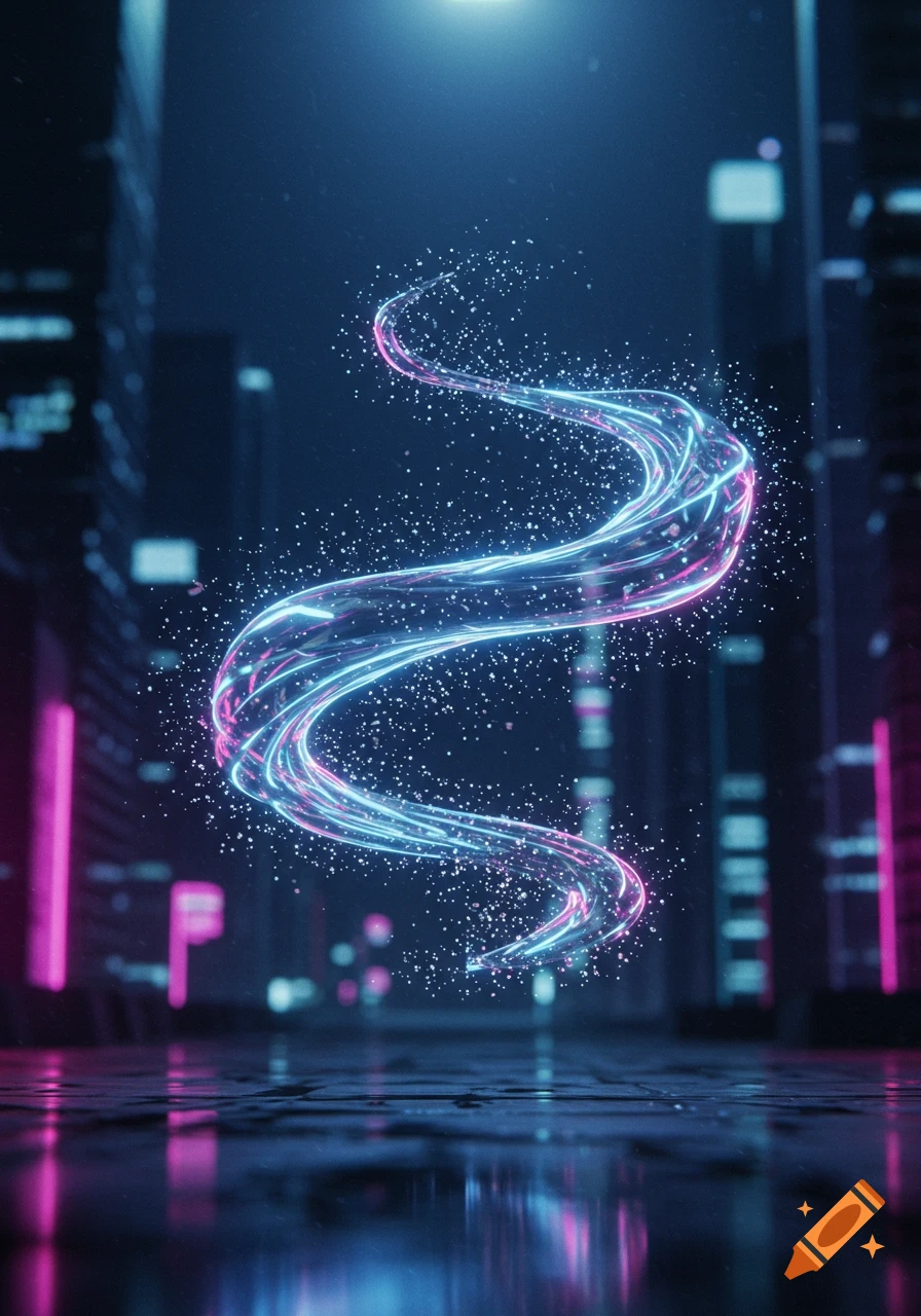 Abstract glowing blue and pink neon light trail with sparkling particles in a dark, futuristic city street with reflections.