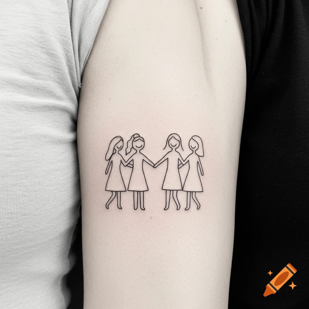 A black line art tattoo of four stylized women holding hands on a person's arm.