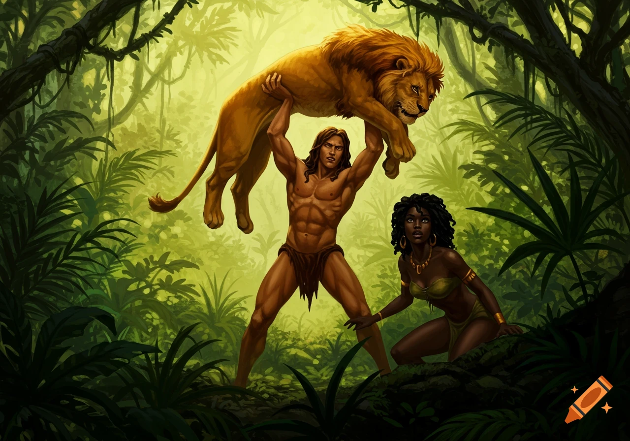 Muscular Tarzan lifts a defeated lion overhead while a black woman watches in a lush jungle.