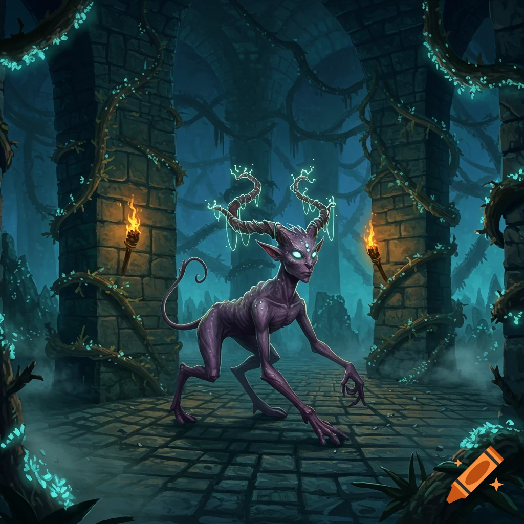 A horned creature with glowing eyes and antlers skulks in a dark, vine-covered labyrinth, torches lighting the scene in fantasy art style.