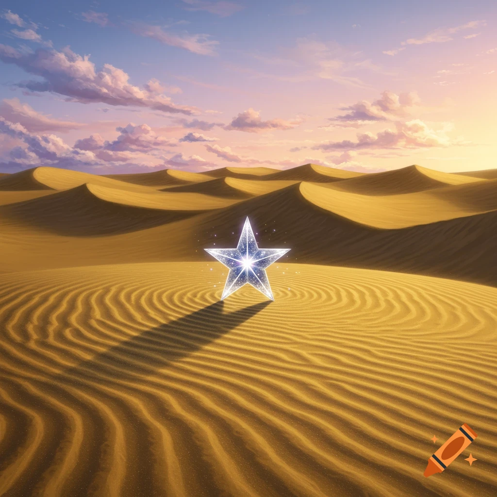 A luminous, faceted star stands in a vast, rippling desert landscape under a colorful sunset sky.