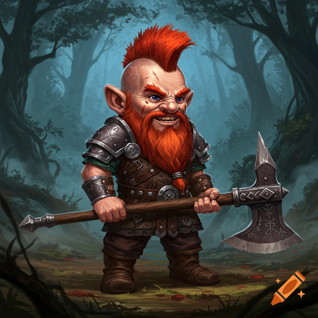 A fierce, red-mohawked dwarf berserker with a long red beard, wearing armor, holds a greataxe in a dark forest.