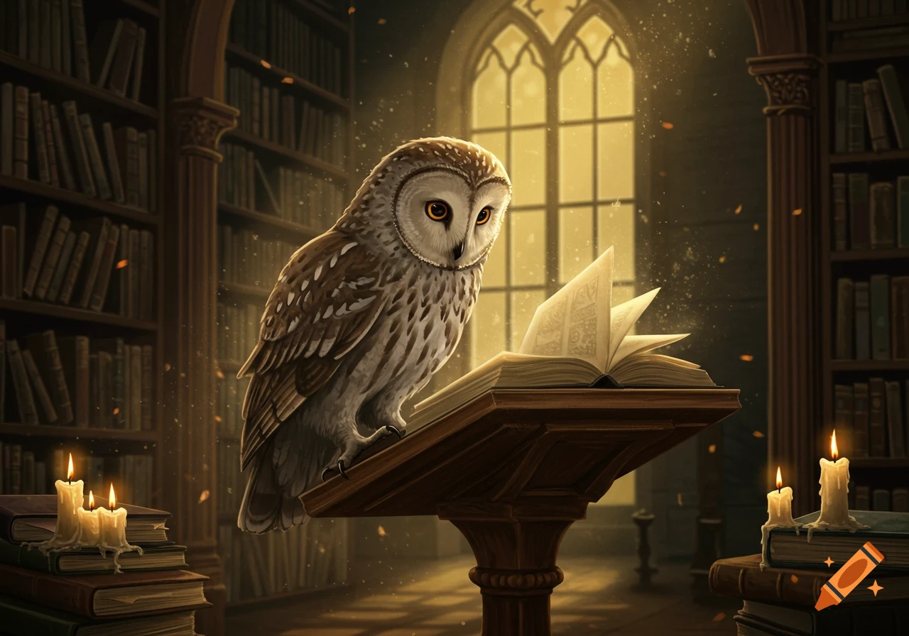 A wise owl perches on an open book on a lectern in a dimly lit library, illuminated by a large gothic window.