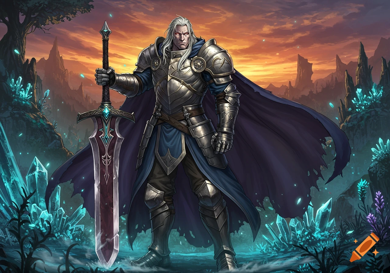 Anime-style warrior in heavy armor with white hair holds a giant sword in a glowing crystal fantasy landscape under an orange sky.