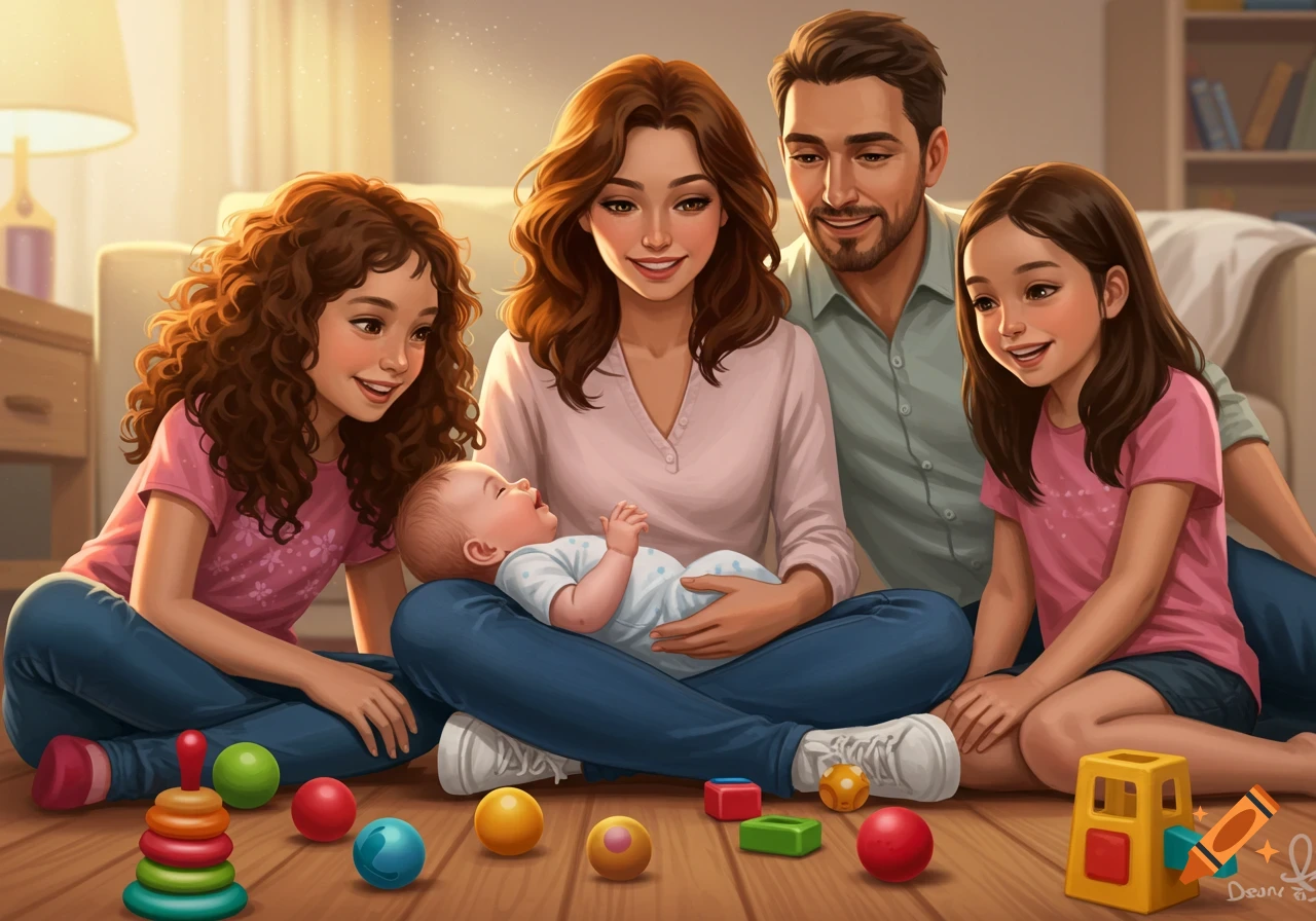 A warm digital illustration of a family sitting on the floor, mother holding a baby, with two daughters and father looking on, surrounded by colorful toys.