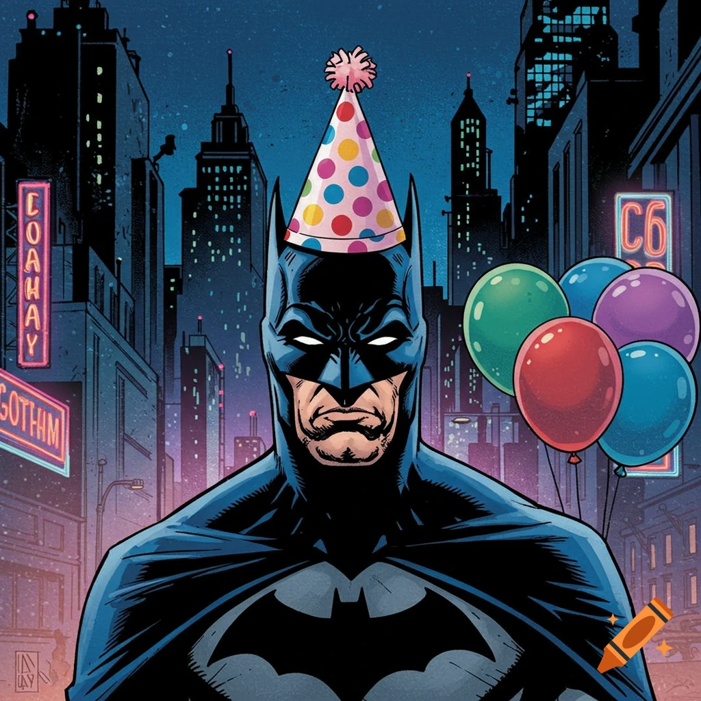 Comic art illustration of Batman wearing a polka dot party hat, holding balloons in a stylized Gotham City at night.