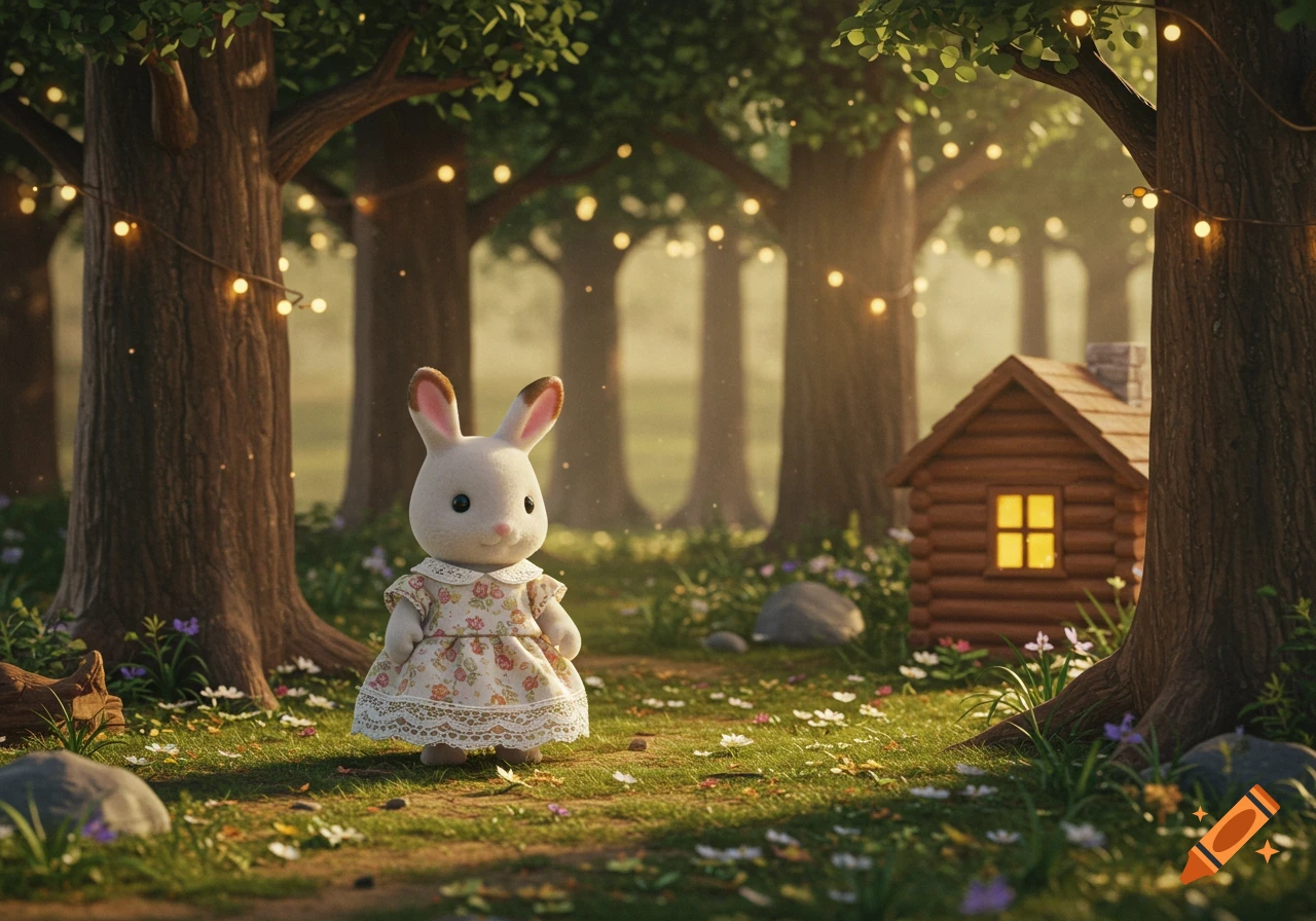 A cute Sylvanian-style rabbit doll in a floral dress stands in a magical forest with string lights and a small cabin.