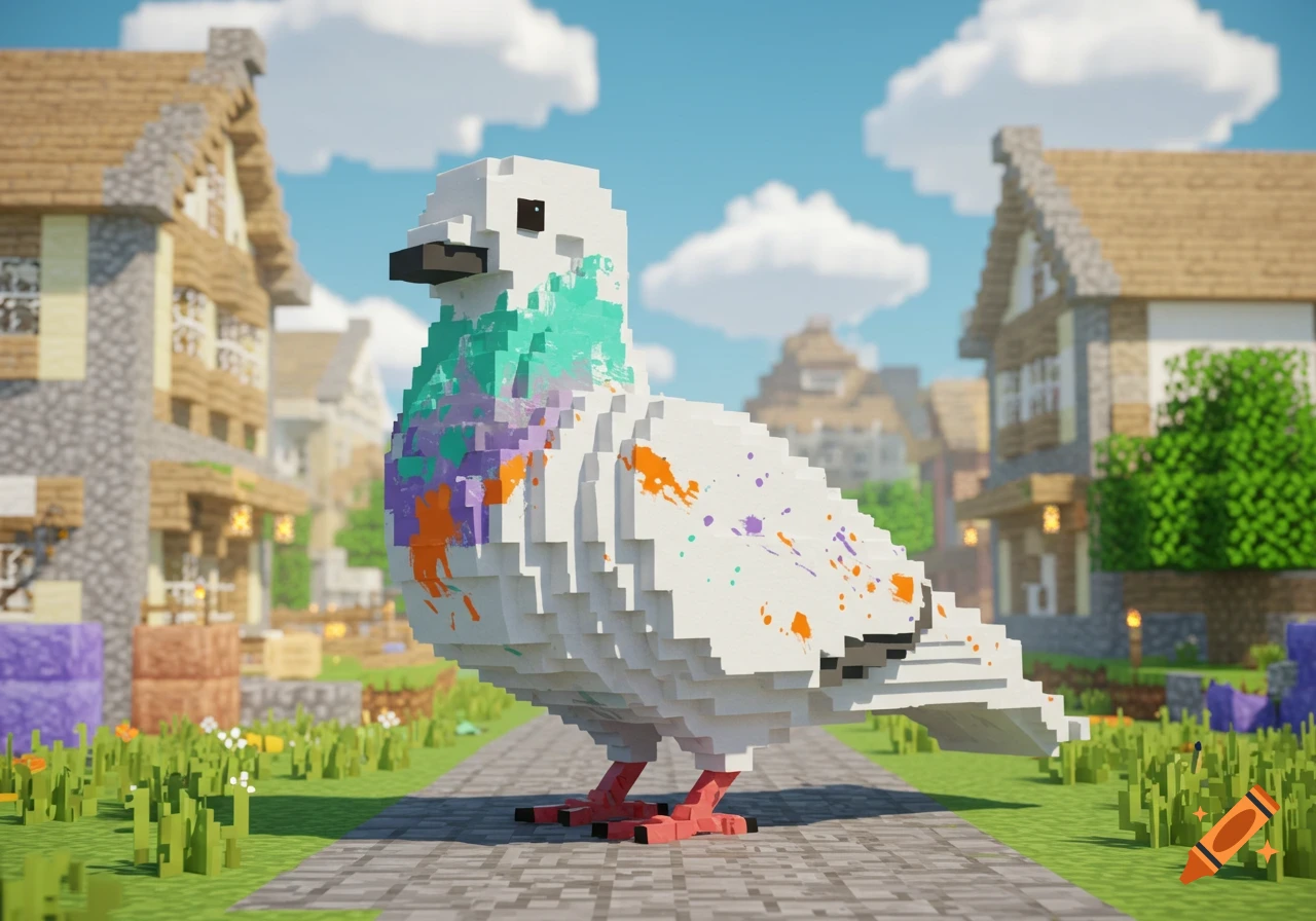 A blocky white pigeon with colorful paint splatters stands on a cobblestone path in a pixelated Minecraft-style village.