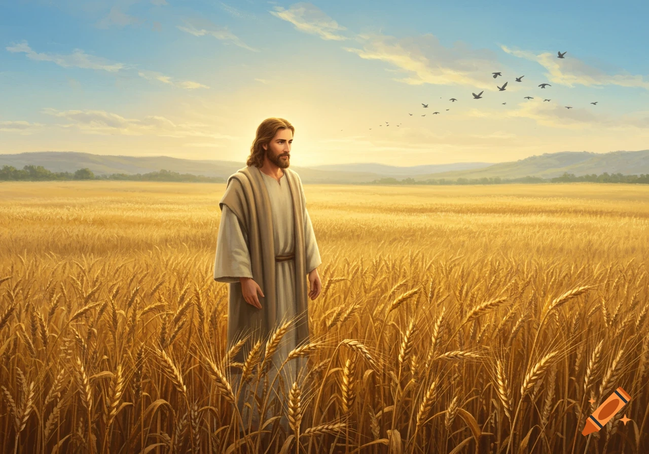 Jesus Christ stands peacefully in a golden wheat field under a blue sky with birds flying.