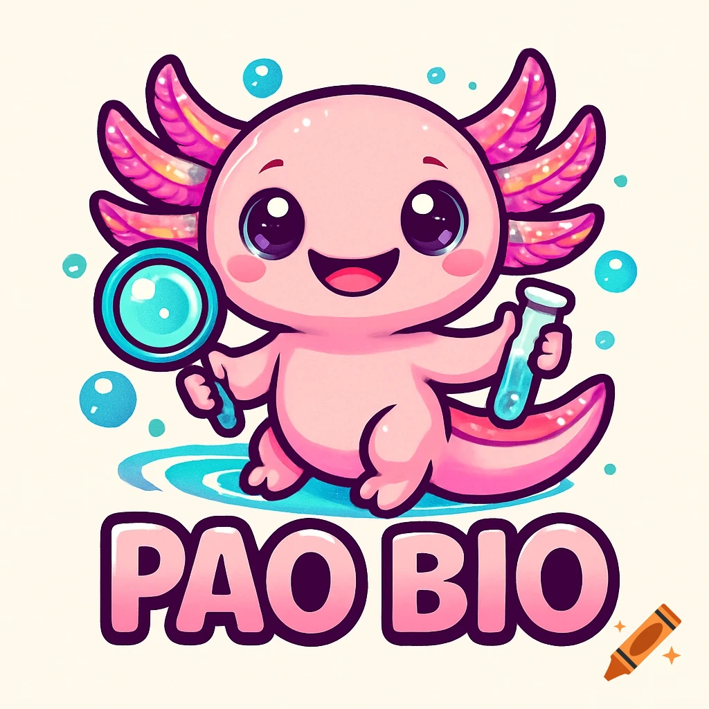 A cute pink chibi-style axolotl mascot holding a magnifying glass and a test tube, with the text "PAO BIO" below, in a vibrant cartoon style.