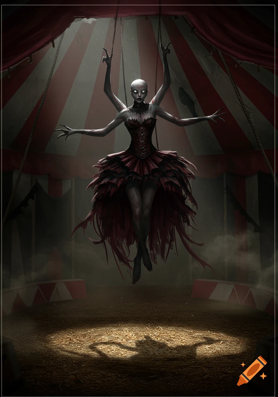 A pale, multi-limbed creature with glowing eyes, wearing a gothic corset and torn tutu dress, floats in a dimly lit circus tent spotlight.