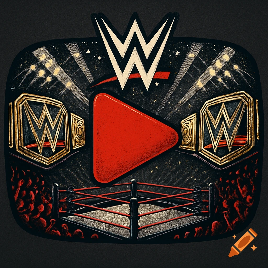 Stylized illustration featuring a red play button, large WWE logo, two championship belts, and a wrestling ring with a crowd.