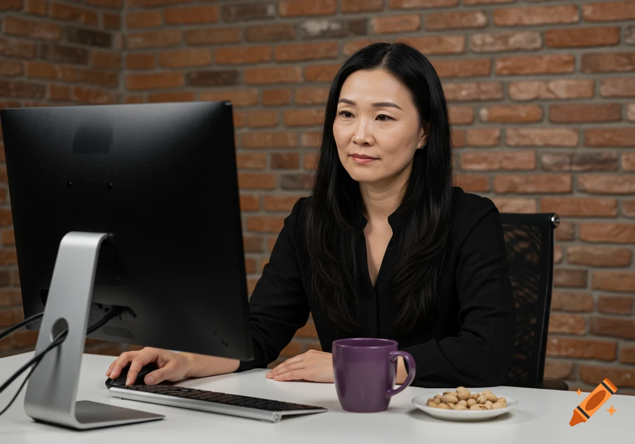 A woman with long black hair in a black shirt sits at a white desk, using a computer with a purple mug and pistachios nearby against a brick wall.