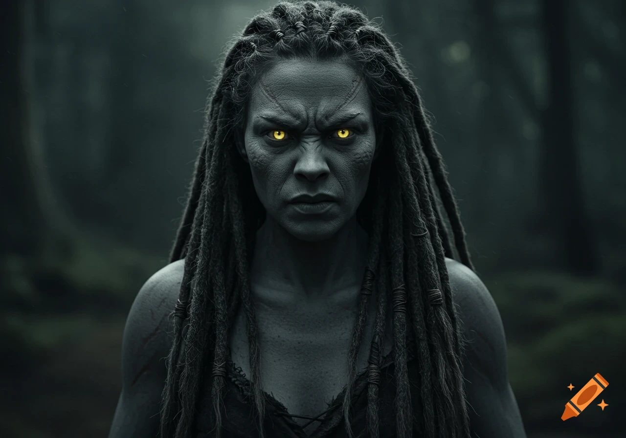 Close-up photorealistic portrait of a fierce huntress with gray skin, scars, dark dreadlocks, and glowing yellow eyes in a dark forest.