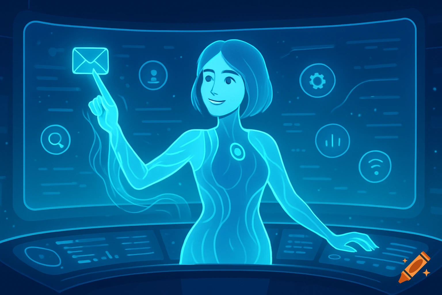 A glowing blue female AI character interacting with a futuristic holographic interface, pointing at an email icon.