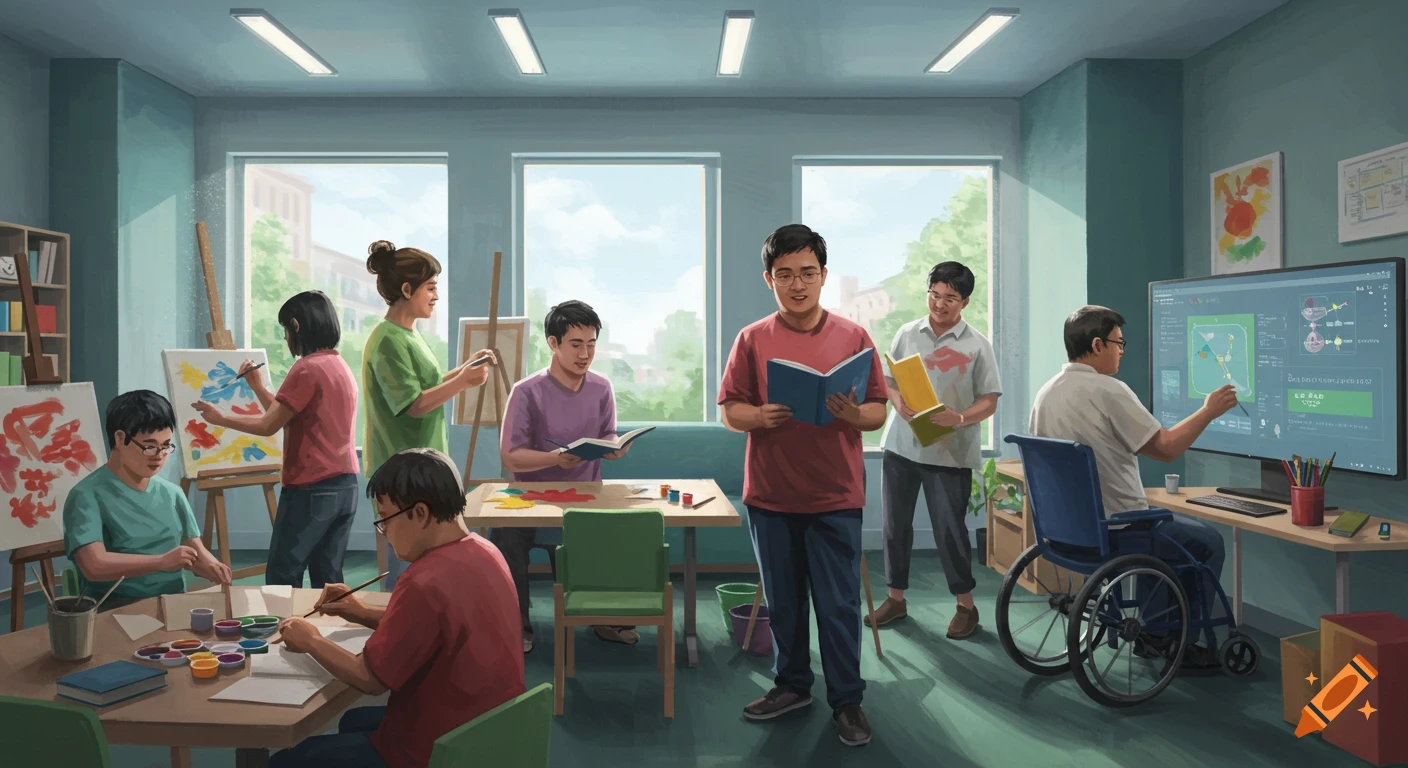 A diverse group of people engaging in various activities in a light-filled room, including painting, reading, and working on a computer.