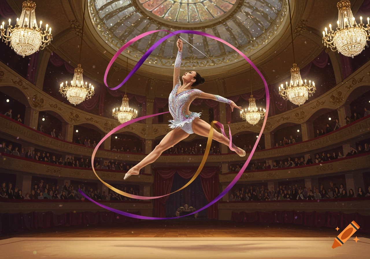 A female rhythmic gymnast leaps gracefully in the air with a flowing purple and gold ribbon, performing in a grand, ornate hall with chandeliers and an audience. Photorealistic style.